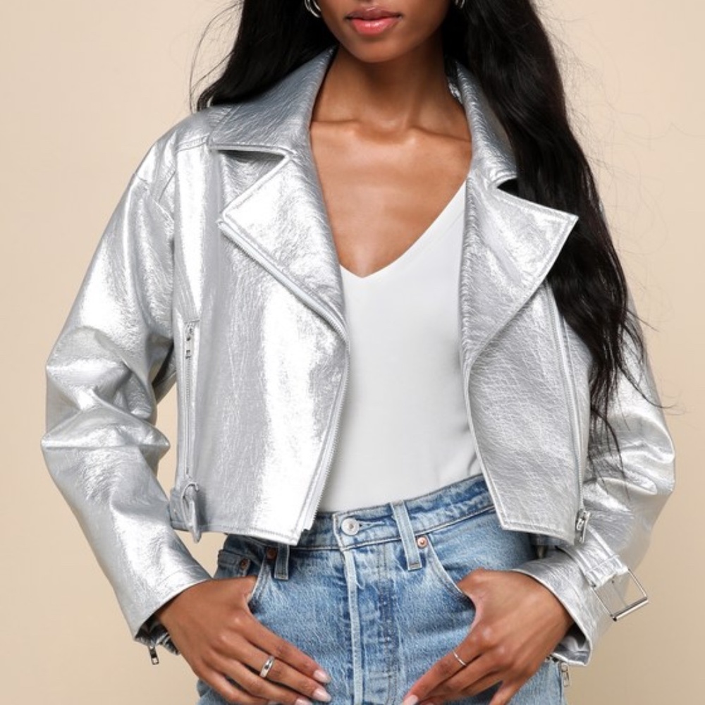 Lulus Polished Impression Silver Metallic Vegan Leather Moto Jacket - Size XS